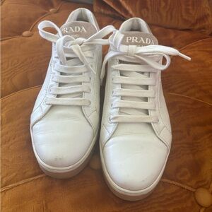 Pre owned PRADA Vitello Soft Suede Low Top Sneakers size 38 in White Sabbia.